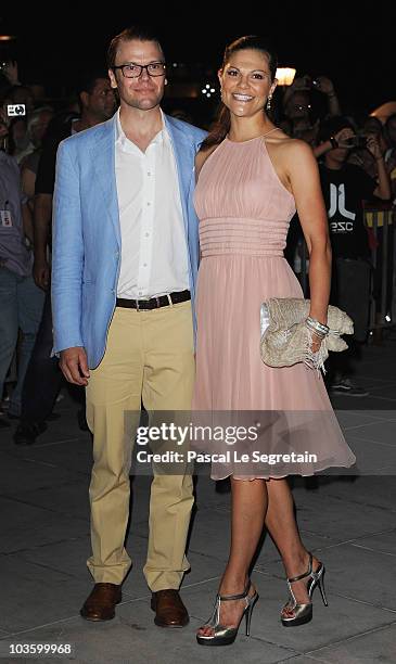 Prince Daniel of Sweden and wife Crown Princess Victoria of Sweden arrive at Poseidon Grace Hotel on August 24, 2010 in Spetsai, Greece. The small...