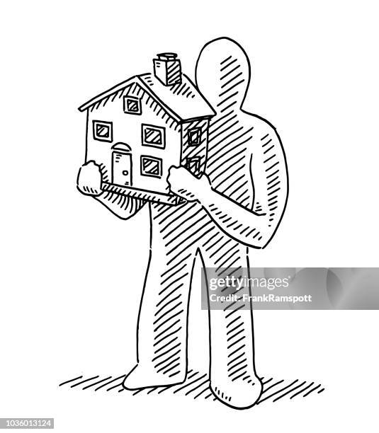 menschliche figur holding haus modell zeichnung - hausmodell stock-grafiken, -clipart, -cartoons und -symbole