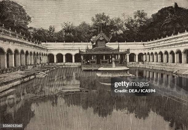 Courtyard with pool and fountain to celebrate the new year, Mandalay, Burma, from a photograph by E Casaleggio, engraving from L'Illustrazione...