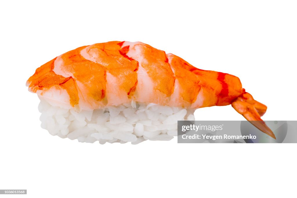 Nigiri sushi with shrimp isolated on white background