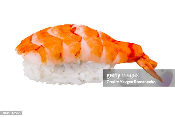 nigiri sushi with shrimp isolated on white background - boiled shrimp stock pictures, royalty-free photos & images