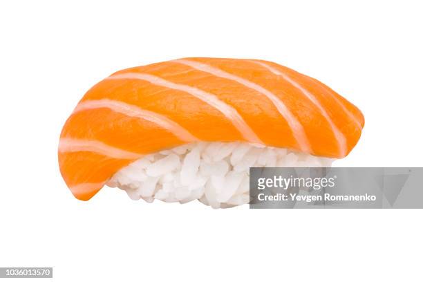 nigiri sushi with salmon isolated on white background - sashimi imagens e fotografias de stock