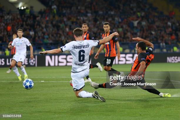 Ismaily of Shakhtar Donetsk scores his team's first goal during the Group F match of the UEFA Champions League between FC Shakhtar Donetsk and TSG...