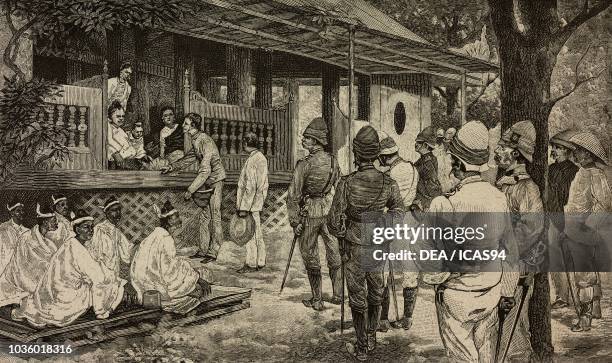 King Thibaw Min declared a prisoner of war by the British Colonel Sladen, Burma, engraving from L'Illustrazione Italiana, No 33, August 8, 1886.