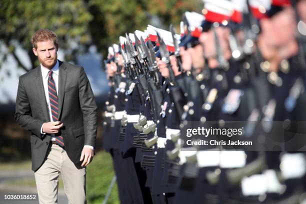 Prince Harry, Duke of Sussex visits The Royal Marines Commando Training Centre on September 13, 2018 in Lympstone, United Kingdom. The Duke arrived...