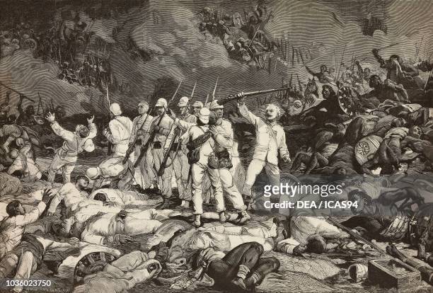 Battle of Dogali, the last survivors presenting arms, saluting the fallen, Eritrean War, engraving by Ernesto Mancastroppa and Cantagalli from a...