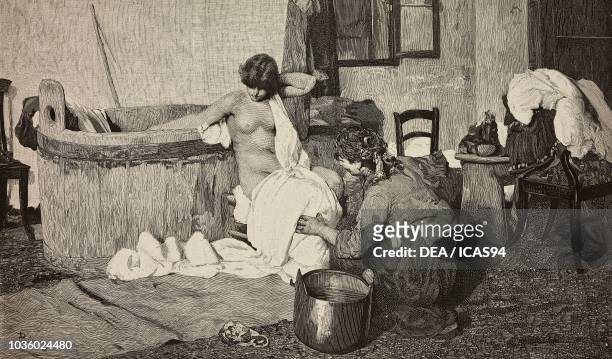 After the bath, a girl dried by a maid, National Exposition of Turin, Italy engraving from a painting by Giacomo Favretto, from L'Illustrazione...
