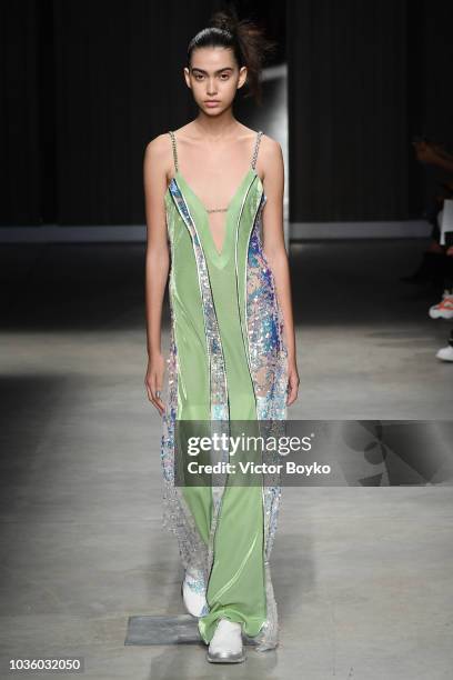 Model walks the runway at the Ricostru show during Milan Fashion Week Spring/Summer 2019 on September 19, 2018 in Milan, Italy.