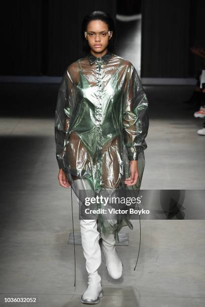 Model walks the runway at the Ricostru show during Milan Fashion Week Spring/Summer 2019 on September 19, 2018 in Milan, Italy.