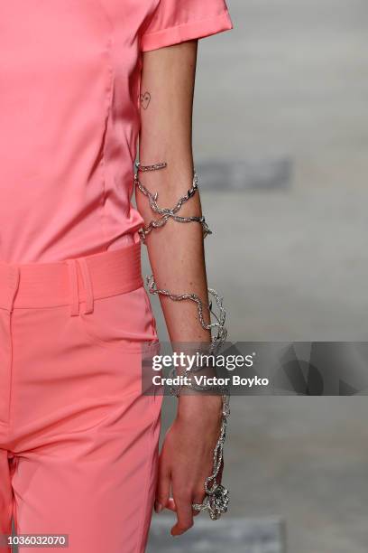 Model, fashion detail, walks the runway at the Ricostru show during Milan Fashion Week Spring/Summer 2019 on September 19, 2018 in Milan, Italy.