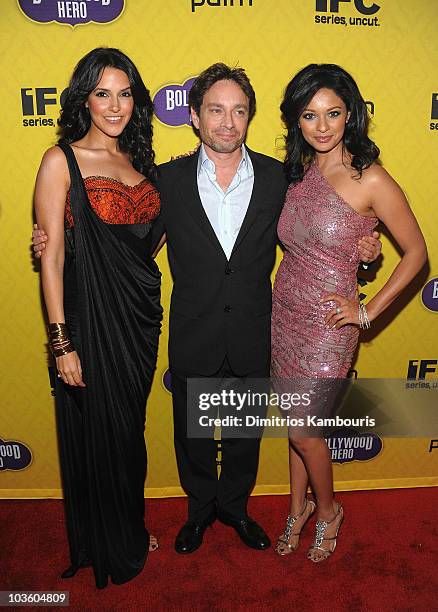 Neha Dhupia, Chris Kattan and Pooja Kumar attend the premiere of "Bollywood Hero" at the Rubin Museum of Art on August 4, 2009 in New York City.