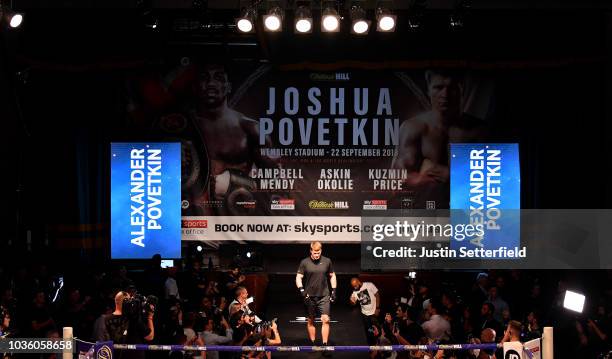 Alexander Povetkin enters the ring during the Anthony Joshua and Alexander Povetkin Media Workout ahead of their on September 19, 2018 in London,...