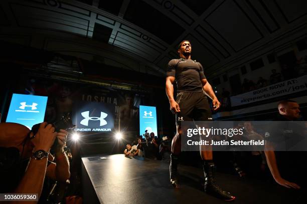 Anthony Joshua makes his way to the ring during the Anthony Joshua and Alexander Povetkin Media Workout ahead of their on September 19, 2018 in...