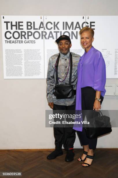 Spike Lee and Tonya Lewis Lee attend Opening Of Theaster Gates' Exhibition 'The Black Image Corporation' At Fondazione Prada Osservatorio on...