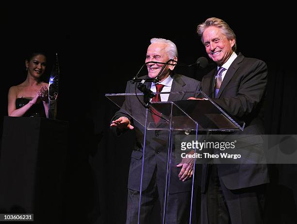 Catherine Zeta-Jones, Kirk Douglas and Michael Douglas attend the The Film Society of Lincoln Center's 37th Annual Chaplin Award gala>> at Alice...