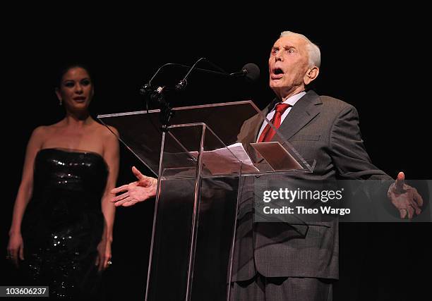 Catherine Zeta-Jones and Kirk Douglas attend the The Film Society of Lincoln Center's 37th Annual Chaplin Award gala at Alice Tully Hall on May 24,...