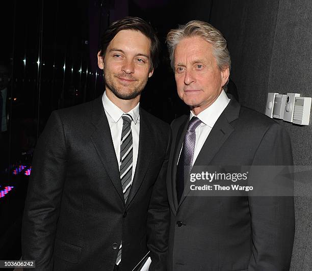 Tobey Maguire and Michael Douglas attend the The Film Society of Lincoln Center's 37th Annual Chaplin Award gala at Alice Tully Hall on May 24, 2010...