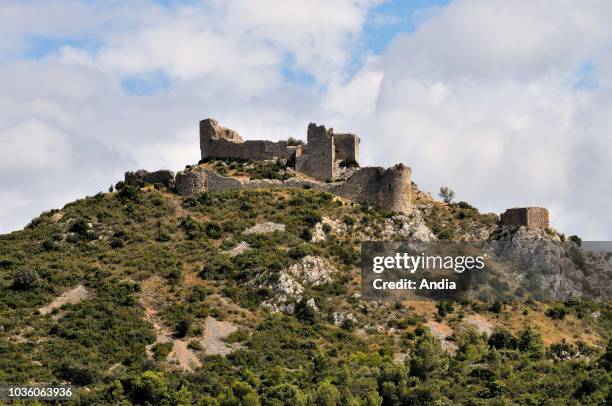Cathar castle Chateau dÕAguilar in the town of Tuchan . Classified as a National Historic Landmark .