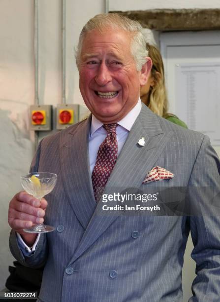 Prince Charles, The Prince of Wales has a small taster of Hepple Gin during a visit to the Moorland Spirit Company Ltd’s Hepple Gin distillery where...