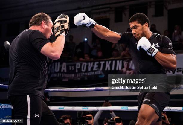 Anthony Joshua works out during an Anthony Joshua and Alexander Povetkin Media Workout on September 19, 2018 in London, England.
