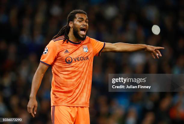 Jason Denayer of Lyon reacts during the Group F match of the UEFA Champions League between Manchester City and Olympique Lyonnais at Etihad Stadium...