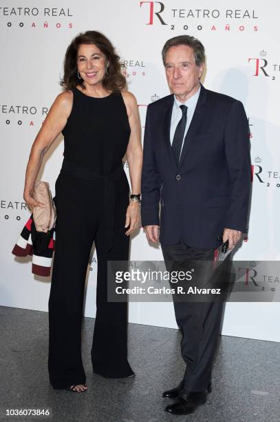 Inaki Gabilondo and Lola Carretero attend 'Fausto' opera during the opening of the Royal Theatre new season on September 19, 2018 in Madrid, Spain.