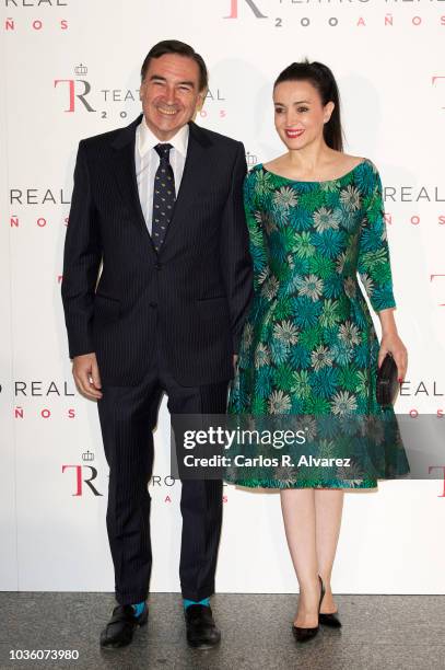 Pedro J. Ramirez and Cruz Sanchez attend 'Fausto' opera during the opening of the Royal Theatre new season on September 19, 2018 in Madrid, Spain.