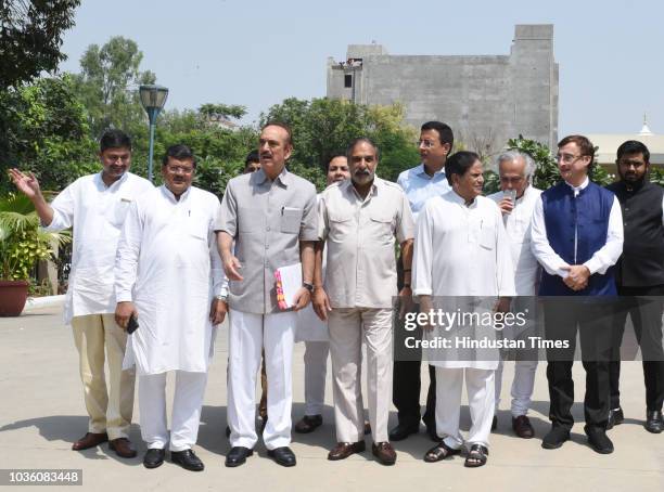 Congress leaders Ghulam Nabi Azad, Anand Sharma, Ahmed Patel, Randeep Singh Surjewala, Jairam Ramesh, Mukul Wasnik and others after meeting with the...