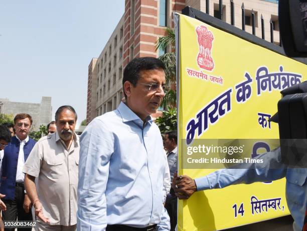 Congress leaders Anand Sharma, Randeep Singh Surjewala, and others after meeting with the Comptroller and Auditor General of India on Rafale issue at...