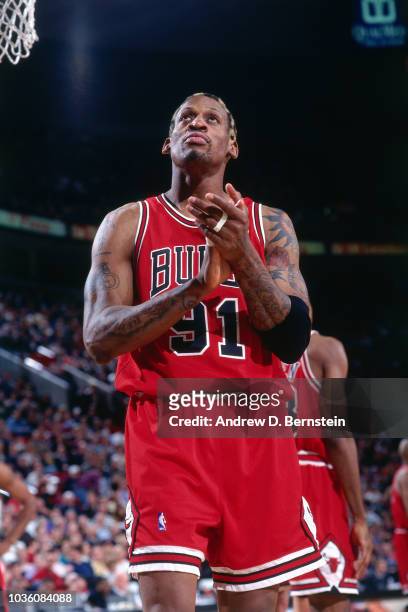 Dennis Rodman of the Chicago Bulls is seen during the game against the Portland Trail Blazers on January 29, 1998 at the Rose Garden Arena in...