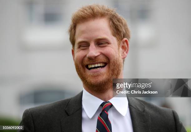Prince Harry, Duke of Sussex visits The Royal Marines Commando Training Centre on September 13, 2018 in Lympstone, United Kingdom. The Duke arrived...