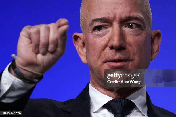 Amazon CEO Jeff Bezos, founder of space venture Blue Origin and owner of The Washington Post, participates in an event hosted by the Air Force...