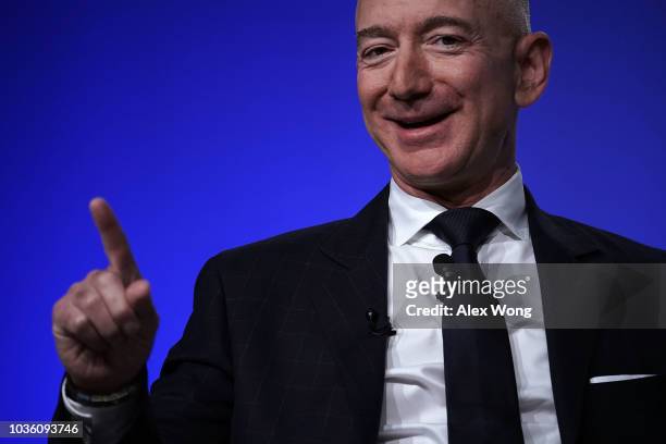 Amazon CEO Jeff Bezos, founder of space venture Blue Origin and owner of The Washington Post, participates in an event hosted by the Air Force...