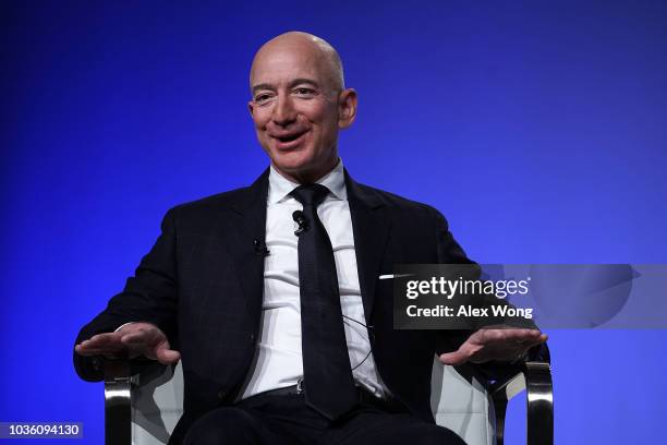 Amazon CEO Jeff Bezos, founder of space venture Blue Origin and owner of The Washington Post, participates in an event hosted by the Air Force...