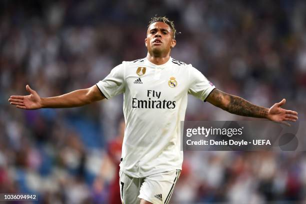 Mariano Diaz of Real Madrid celebrates after scoring his team's third goal during the Group G match of the UEFA Champions League between Real Madrid...