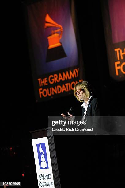 Senior Vice President at GRAMMY Foundation Kristen Madsen speaks onstage at the Music Preservation Project "Cue The Music" held at the Wilshire Ebell...