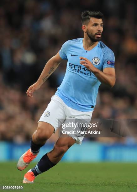 Sergio Aguero of Manchester City during the Group F match of the UEFA Champions League between Manchester City and Olympique Lyonnais at Etihad...