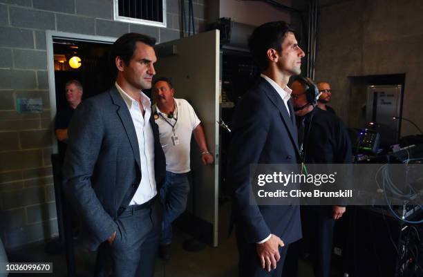 Roger Federer and Novak Djokovic of Team Europe wait backstage to be unveiled at the official welcome ceremony prior to the Laver Cup at the United...