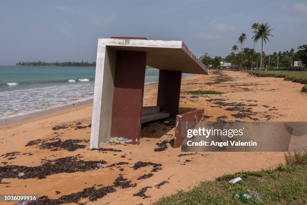 Dugout from a baseball park is partially sunken on the sand of the Luquillo Beach, a victim of beach surge caused by Hurricane Maria, on September...