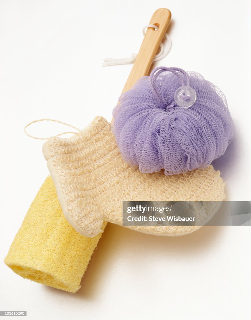 Bath body scrubbers on white