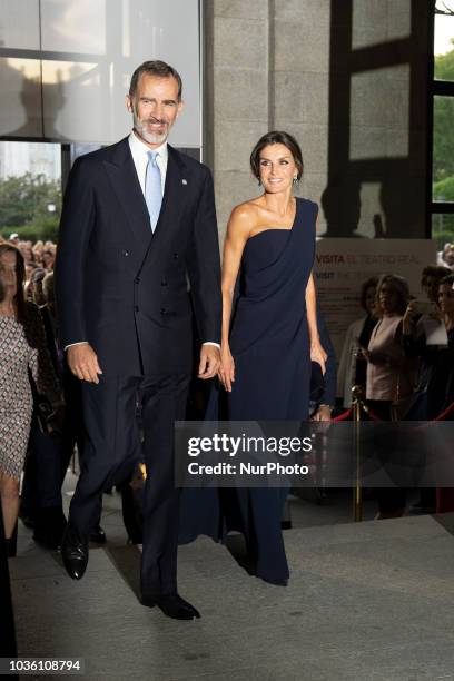 King Felipe VI of Spain and Queen Letizia of Spain attend 'Fausto' opera during the opening of the Royal Theatre new season on September 19, 2018 in...