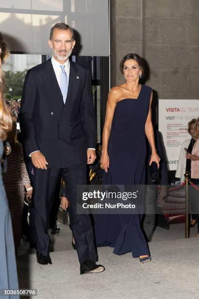 King Felipe VI of Spain and Queen Letizia of Spain attend 'Fausto' opera during the opening of the Royal Theatre new season on September 19, 2018 in...