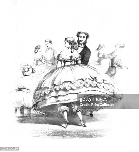 Crinoline in the Ball Room. Valse Ala Mode. My Dear Tiney is Fretting exceedingly at being kept Solitary so long.', circa 1859. Victorian couple...