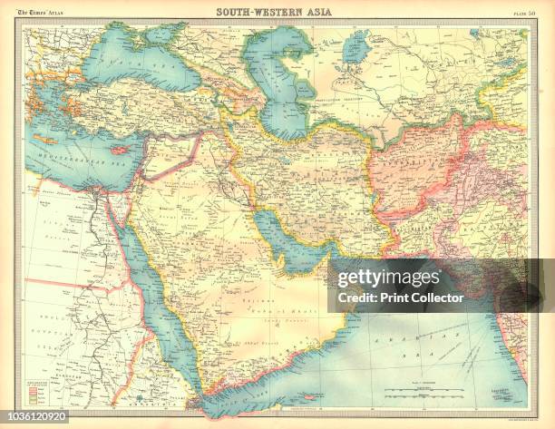 Political map of South Western Asia. Map of the Near and Middle East, showing parts of East Africa and the Arabian Peninsula. Plate 50 from The Times...