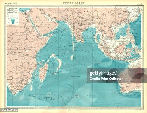 Map of the Indian Ocean. Map showing the Indian subcontinent, East Africa, the Arabian peninsula, Indo-China and Western Australia. Plate 54 from The...