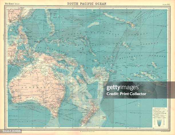 Map of the South Pacific Ocean. Map showing the Philippines, Indonesia, Papua New Guinea, Australia and New Zealand, and Pacific islands. Plate 102...