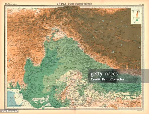 Map of India - North Western Section. Map showing Afghanistan and the Khyber Pass, what is now Pakistan, the Spin Ghar and Himalayan mountain ranges...