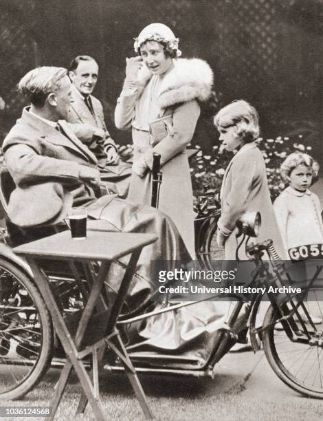 The Duchess of York with her daughters Princesses Elizabeth and Margaret in 1933 on a visit to The Disabled Soldiers' Embroidery Society. The Duchess...