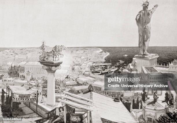 The Colossus of Rhodes. A statue of the Greek titan-god of the sun Helios, erected in the city of Rhodes, Greece by Chares of Lindos in 280 BC. One...