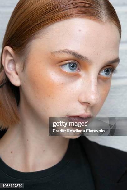 Model is seen backstage ahead of the Alberto Zambelli show during Milan Fashion Week Spring/Summer 2019 on September 19, 2018 in Milan, Italy.